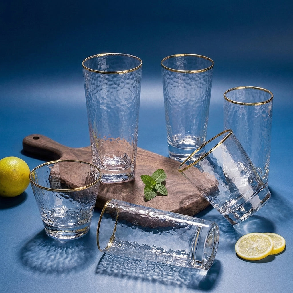 Luxury Gold Rim Hammered Highball Glass